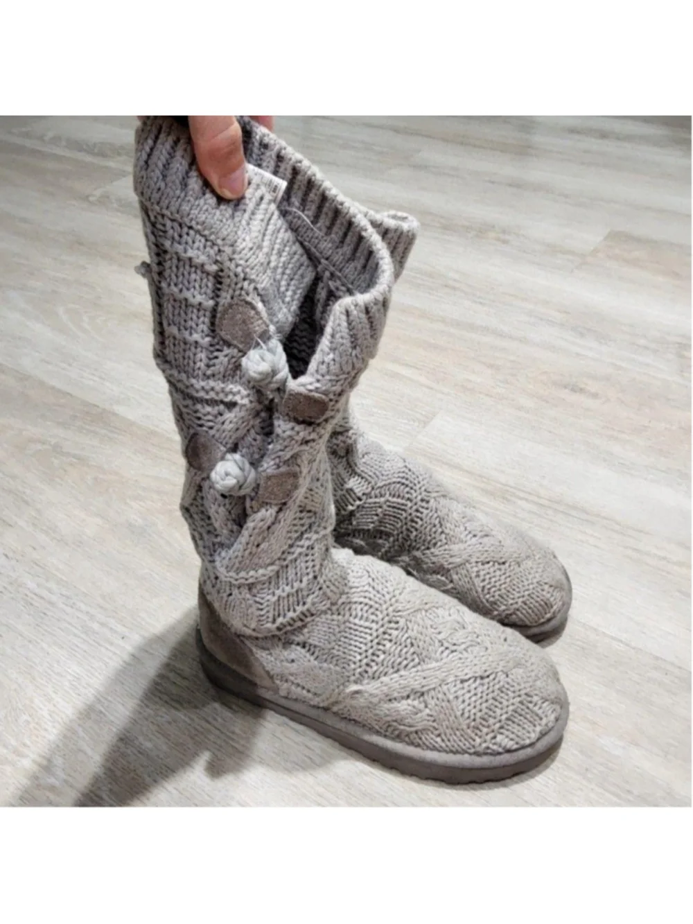 UGG Knit Boots Womens Size 5 Gray Suede Button Mid Calf Sock Winter Casual